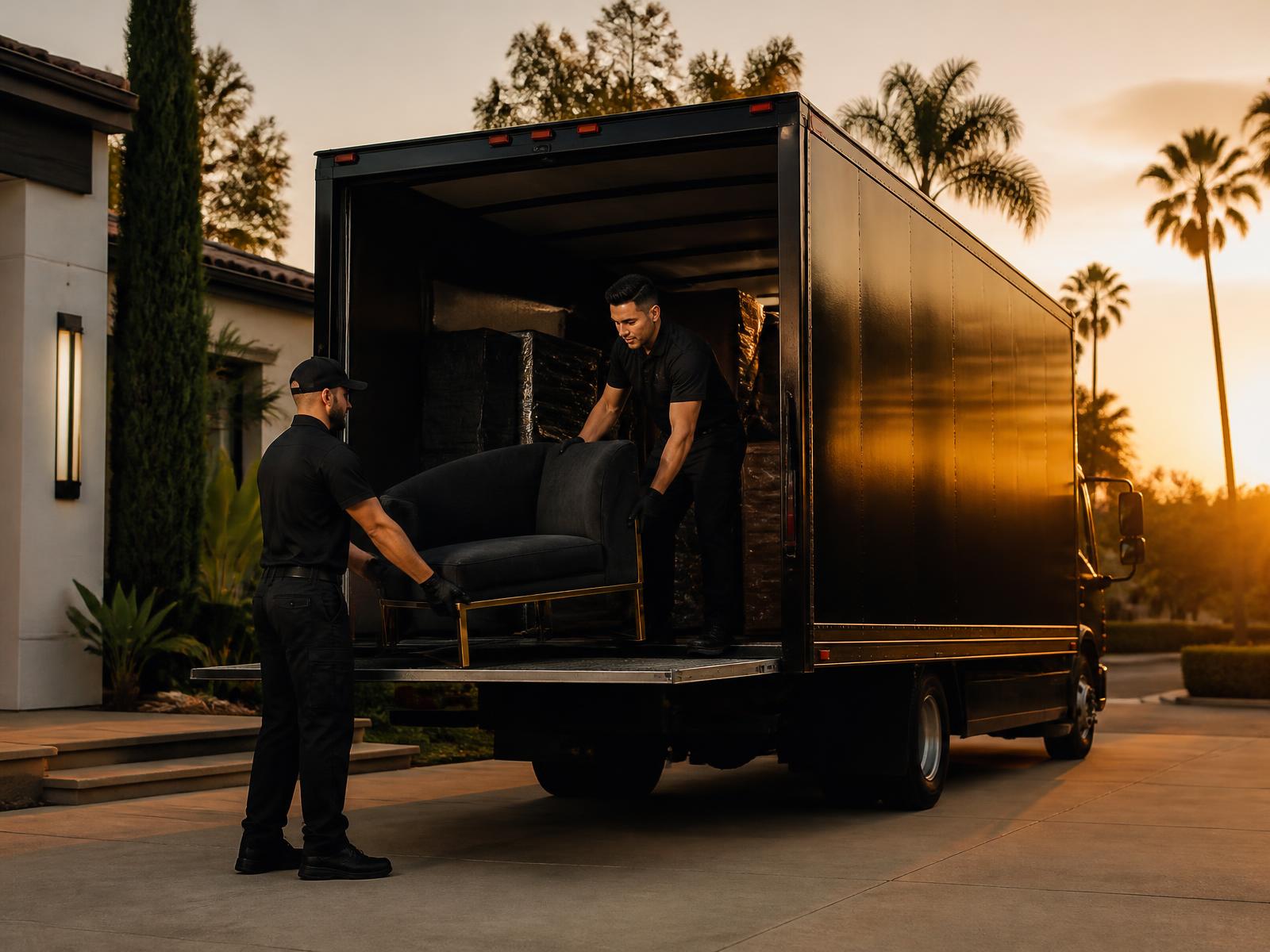 Black Label Junk Removal of Downey crew loading furniture into a black box truck